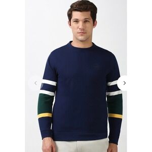 Peter England Mens Navy Blue Colorblock Sleeve Sweatshirt Pockets Size Medium